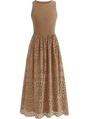 🆕Women Khaki Sleeveless Crewneck A-Line Boho Lace Eyelet Cotton Tank Maxi Dress